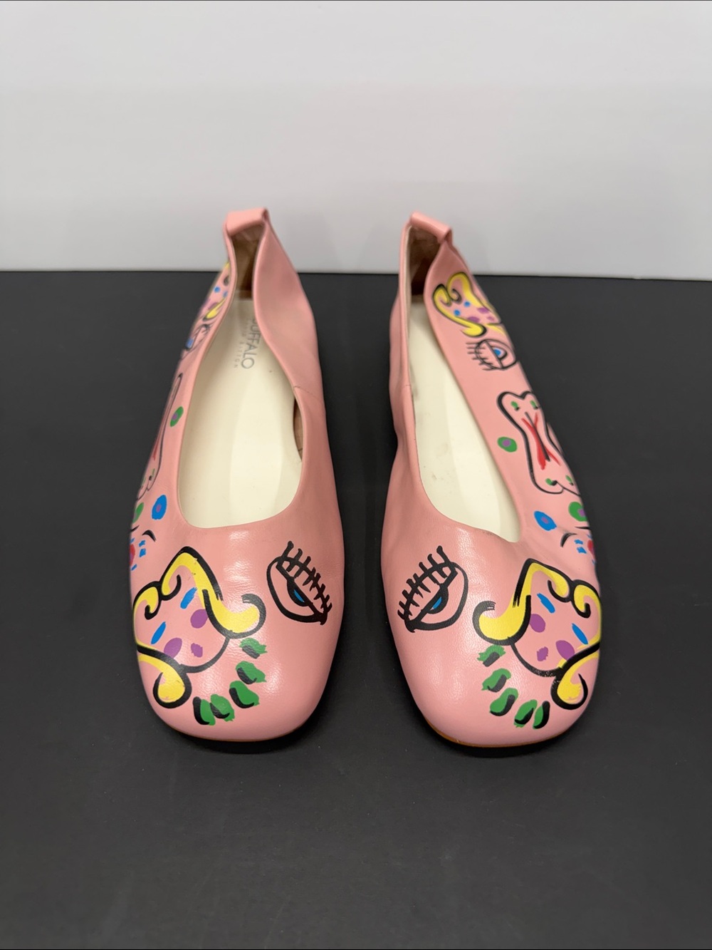 Buffalo David Bitton Pink Hand-Painted Leather Flats with Colorful Motifs